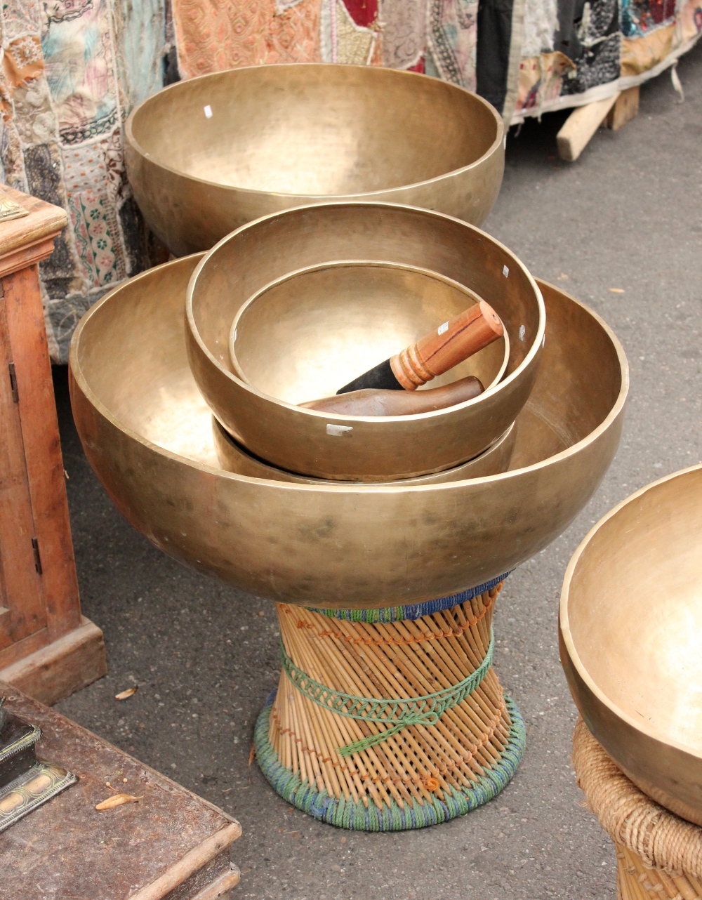 Huge tibetan singing bowl on display at a market