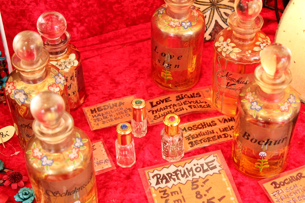 Love spell perfume oils in glass bottles